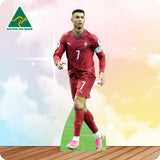 Cardboard cutout of a soccer player with an 'Australian Made' logo in the corner.

