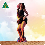 Cardboard standee of a woman in a black dress with 'Australian Made' logo on a colorful background.