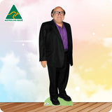 Cardboard cutout of a man in a suit with 'Australian Made' logo on a colorful background
