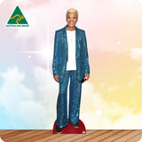 Cardboard cutout of a person wearing a blue sequin suit with 'Australian Made' logo in the corner.