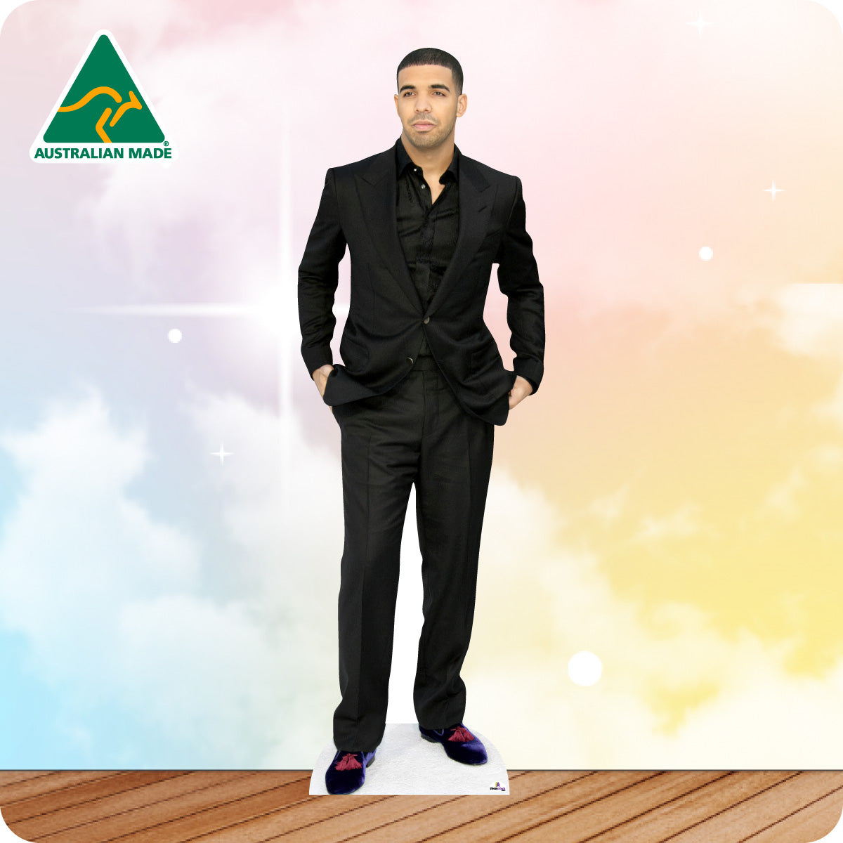 Cardboard cutout of a man in a black suit with 'Australian Made' logo in the corner.