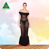Woman wearing a black lace off-shoulder dress with 'Australian Made' label on a gradient background.