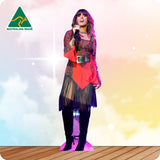 Person in colorful outfit with microphone on a wooden platform against a gradient background with 'Australian Made' logo.