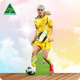 Soccer player in a yellow uniform with a soccer ball on a wooden surface, Australian Made logo visible.