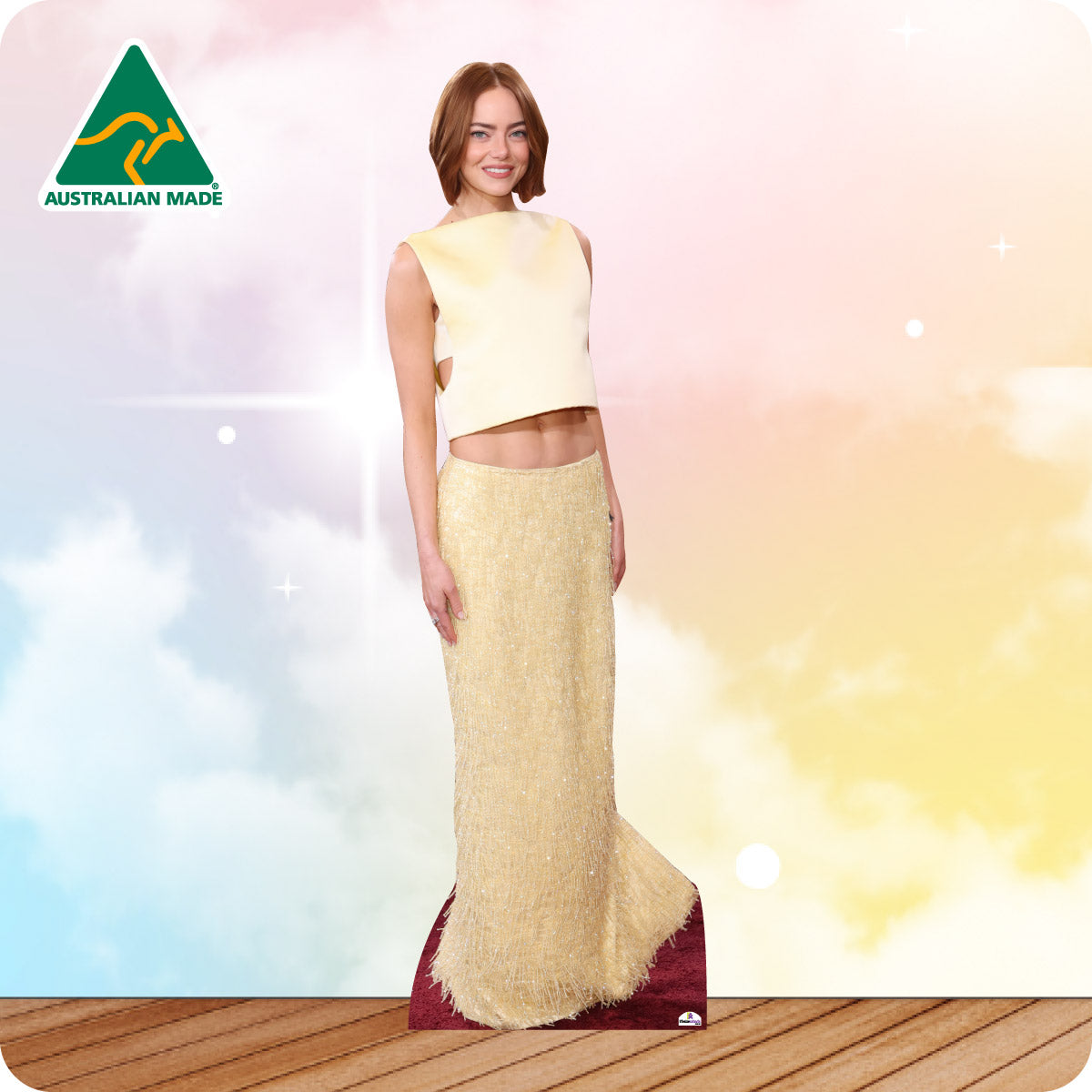 Woman wearing a cream-colored outfit with a blurred background and 'Australian Made' logo.