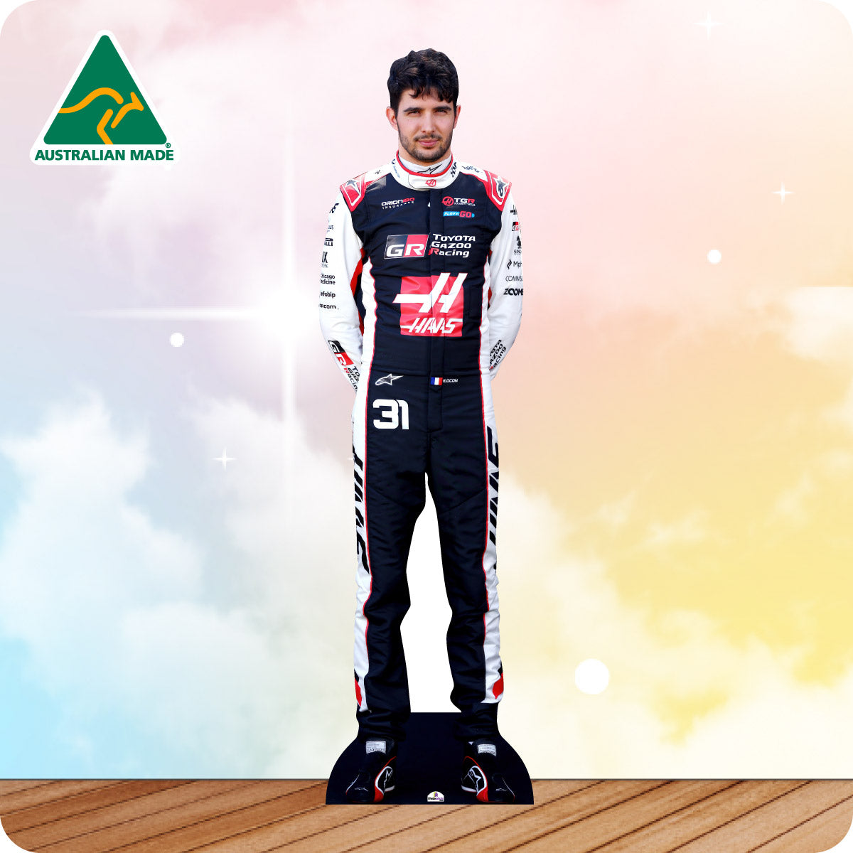 Cardboard cutout of a Formula 1 driver in racing suit with 'Australian Made' logo in the corner.
