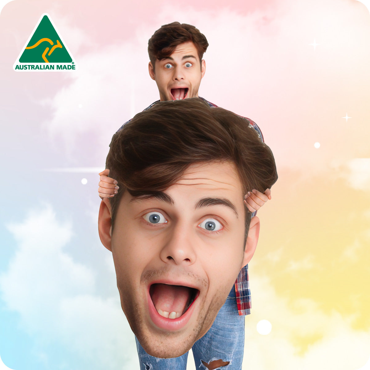 Person with a large head and smaller person on shoulders against a colorful background with 'Australian Made' logo.