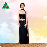 Woman wearing a black sequin dress with a blurred gradient background and 'Australian Made' logo.