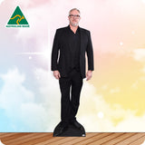 Cardboard cutout of a man in a black suit with 'Australian Made' logo on a gradient background