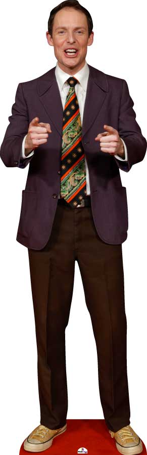 Cardboard cutout of a man in a suit and tie on a white background