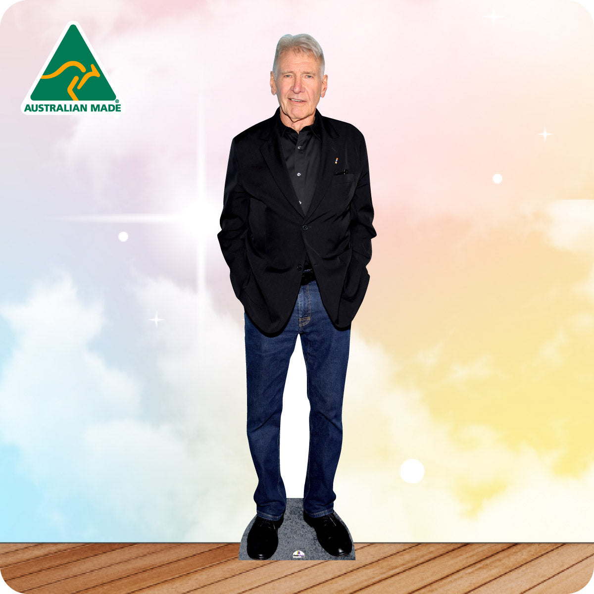 Cardboard cutout of a man standing on a wooden floor with a colorful gradient background and Australian Made logo.