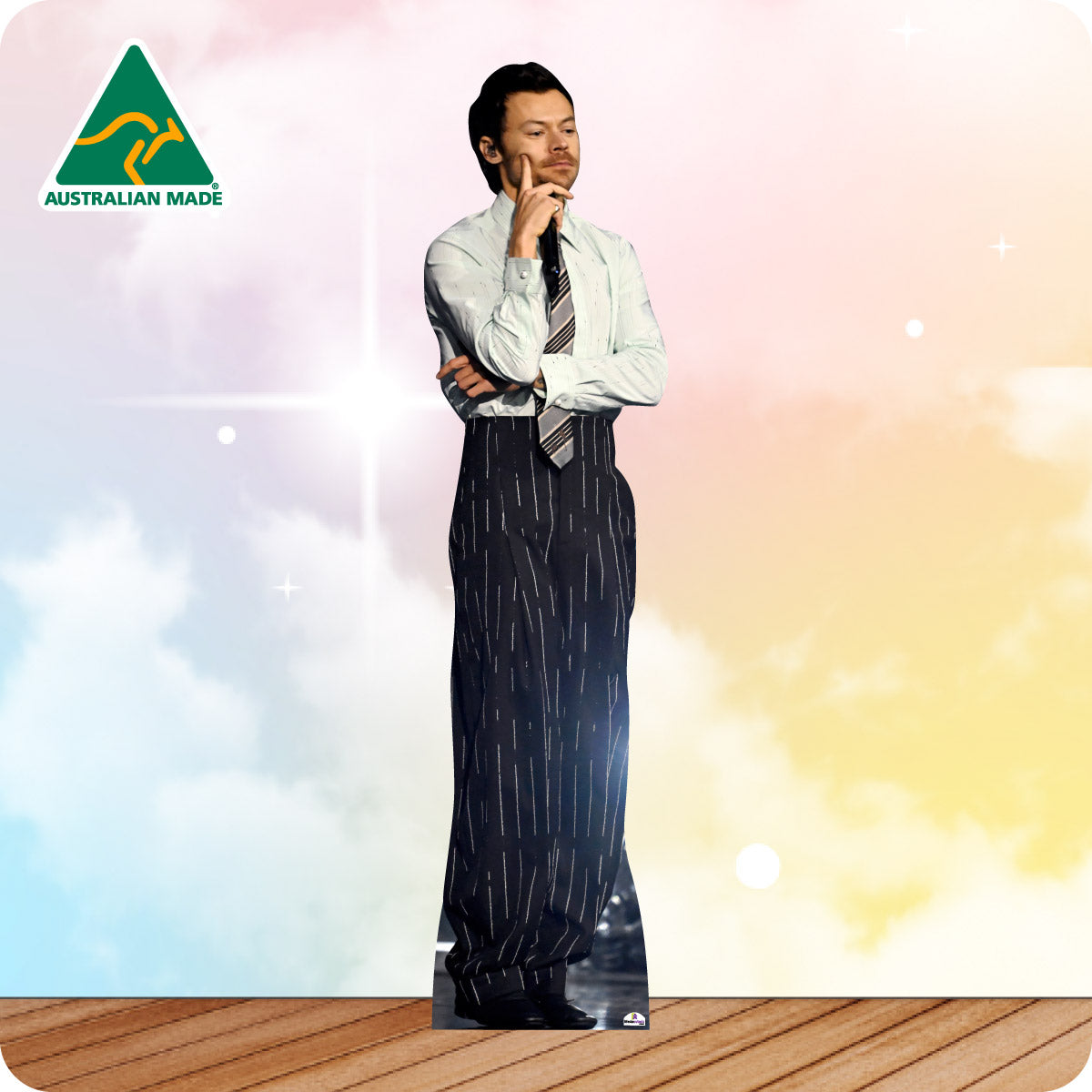 Cardboard standee of a man with a blurred background and 'Australian Made' logo.
