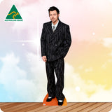 Cardboard cutout of a man in a suit with 'Australian Made' logo on a colorful background