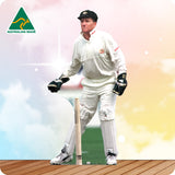 Man wearing a cricket uniform on a colorful background with 'Australian Made' logo.