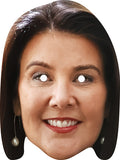 Cardboard face mask of a smiling woman with cut-out eyes on a white background