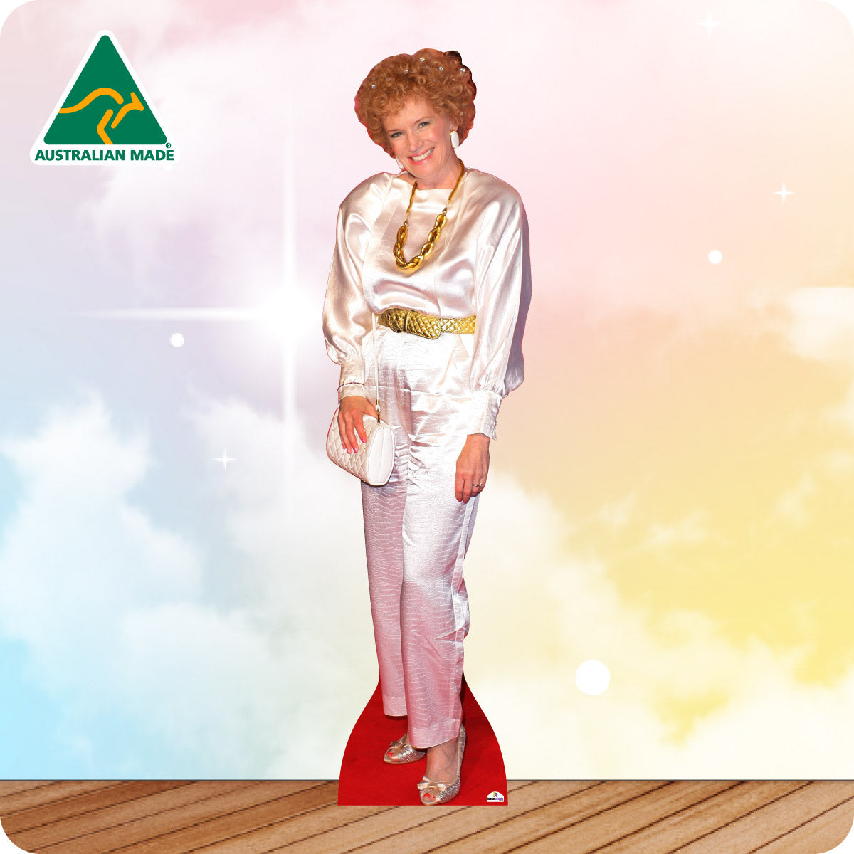 Cardboard cutout of a person in formal attire with 'Australian Made' logo in the corner.
