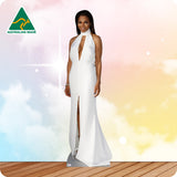 Woman in a white evening gown against a colorful gradient background with 'Australian Made' logo.