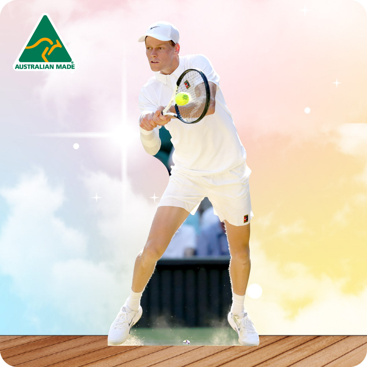 Tennis player in action on a court with 'Australian Made' logo.