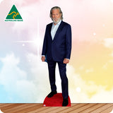 Cardboard cutout of a man in a suit with 'Australian Made' logo on a colorful background