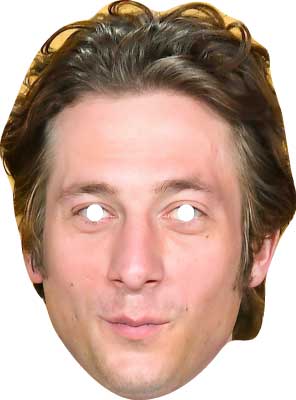 Cardboard mask of a person with a distinctive hairstyle and facial expression on a white background