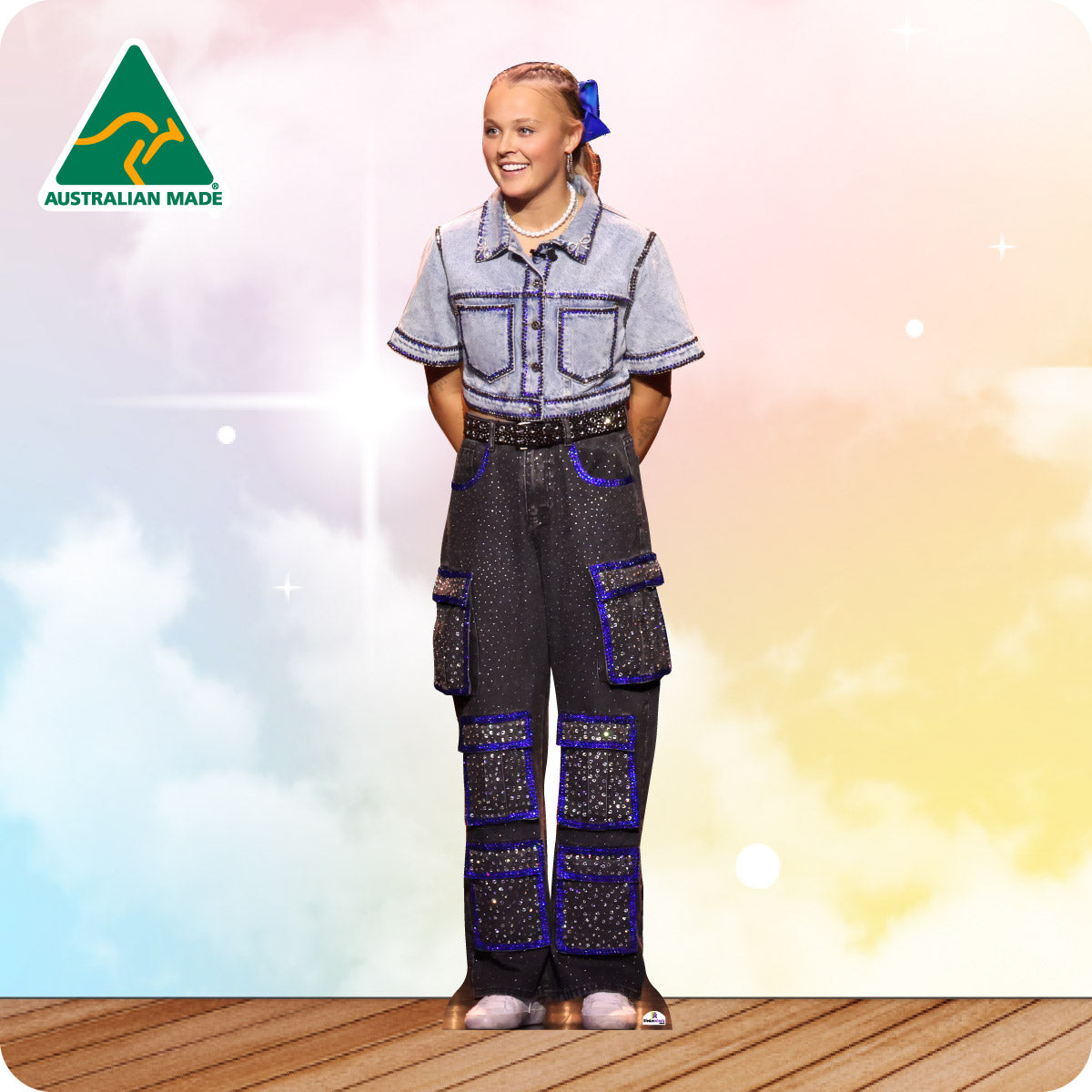 Person wearing a denim outfit with cargo pants on a colorful background, featuring 'Australian Made' logo.