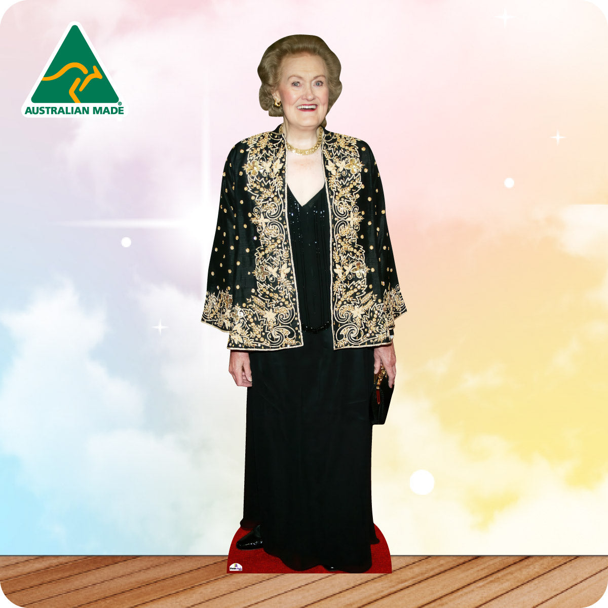 Cardboard cutout of a woman in formal attire with 'Australian Made' logo on a colorful background
