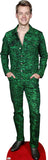 Cardboard cutout of a person wearing a green zebra print outfit on a red platform.