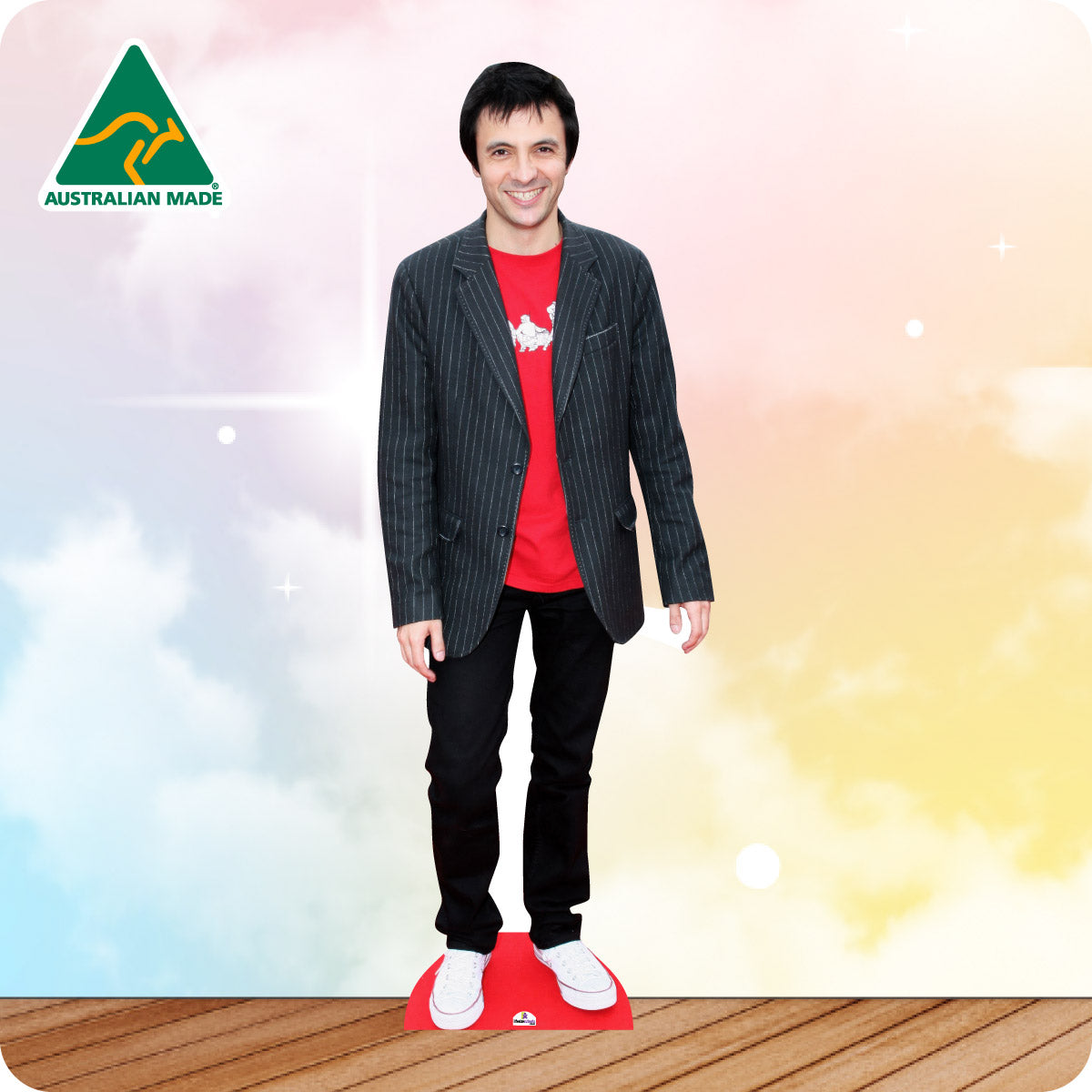 Cardboard cutout of a person wearing a suit and red shirt with 'Australian Made' logo in the corner.