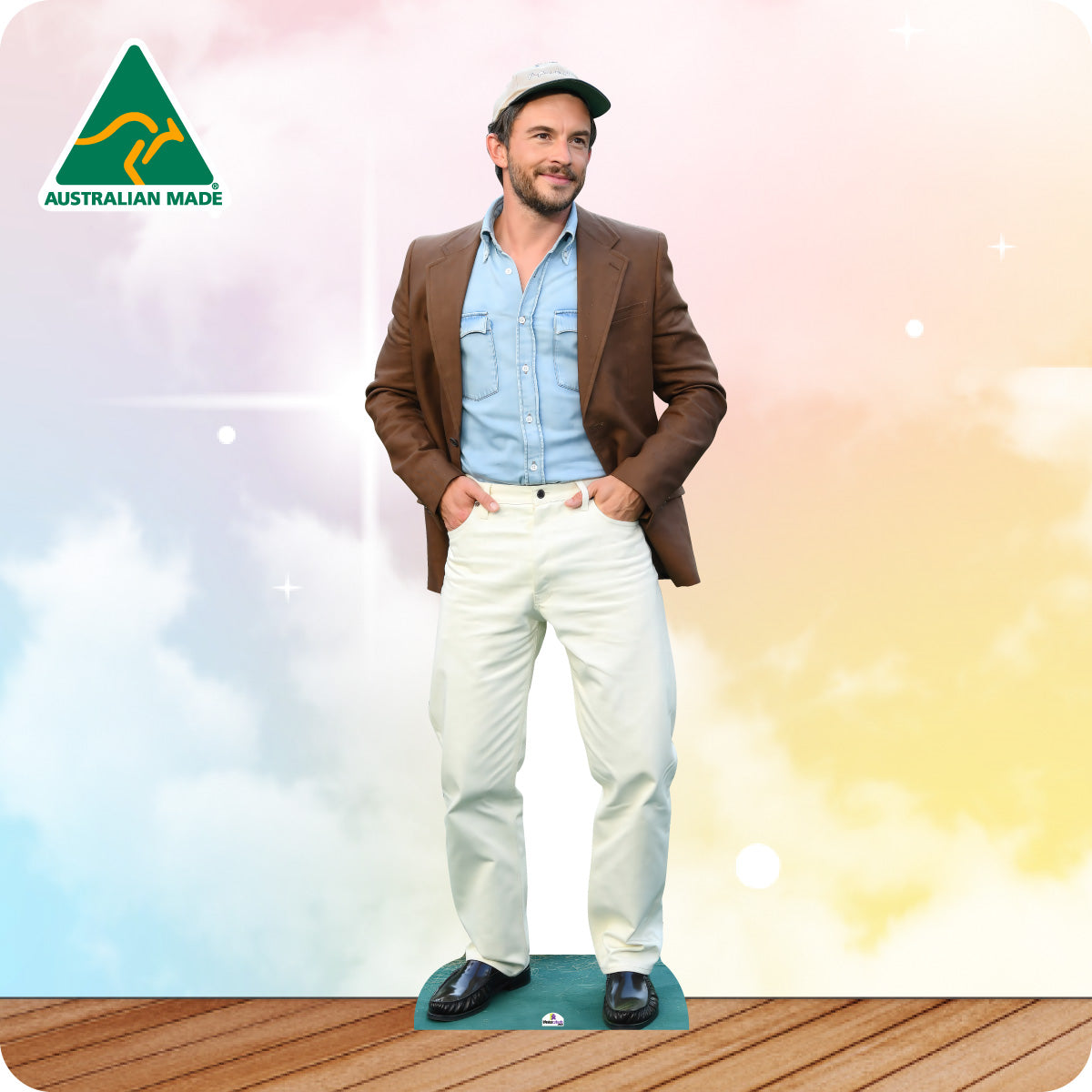 Cardboard cutout of a man with 'Australian Made' logo on a gradient background