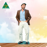 Cardboard cutout of a man with 'Australian Made' logo on a gradient background