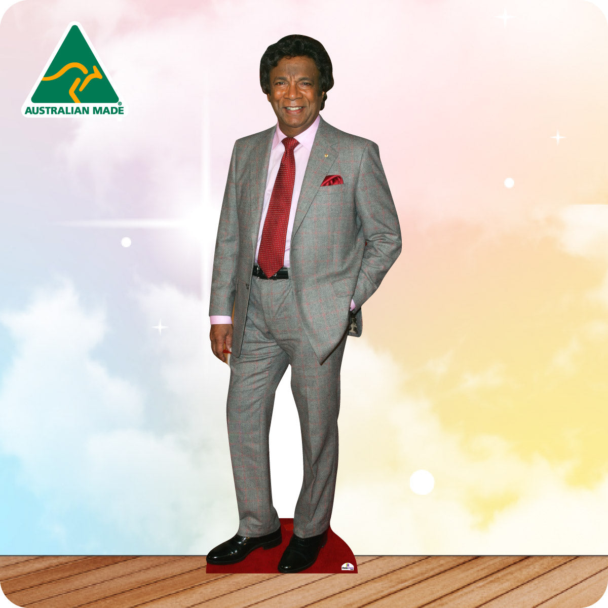 Cardboard cutout of a man in a suit with an Australian Made logo in the corner.
