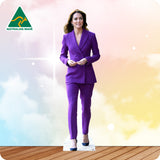 Cardboard standee of a woman in a purple suit with 'Australian Made' logo on a colorful background.