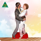 Cardboard cutout of a couple embracing on a red platform with 'Australian Made' logo in the corner.