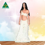 Model wearing a white dress with 'Australian Made' logo in the corner