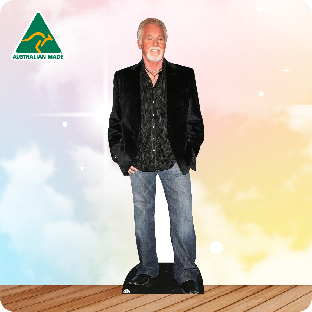 Cardboard cutout of a man with 'Australian Made' logo on a colorful background