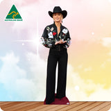 Person wearing a floral embroidered jacket and black pants on a colorful background with 'Australian Made' logo.
