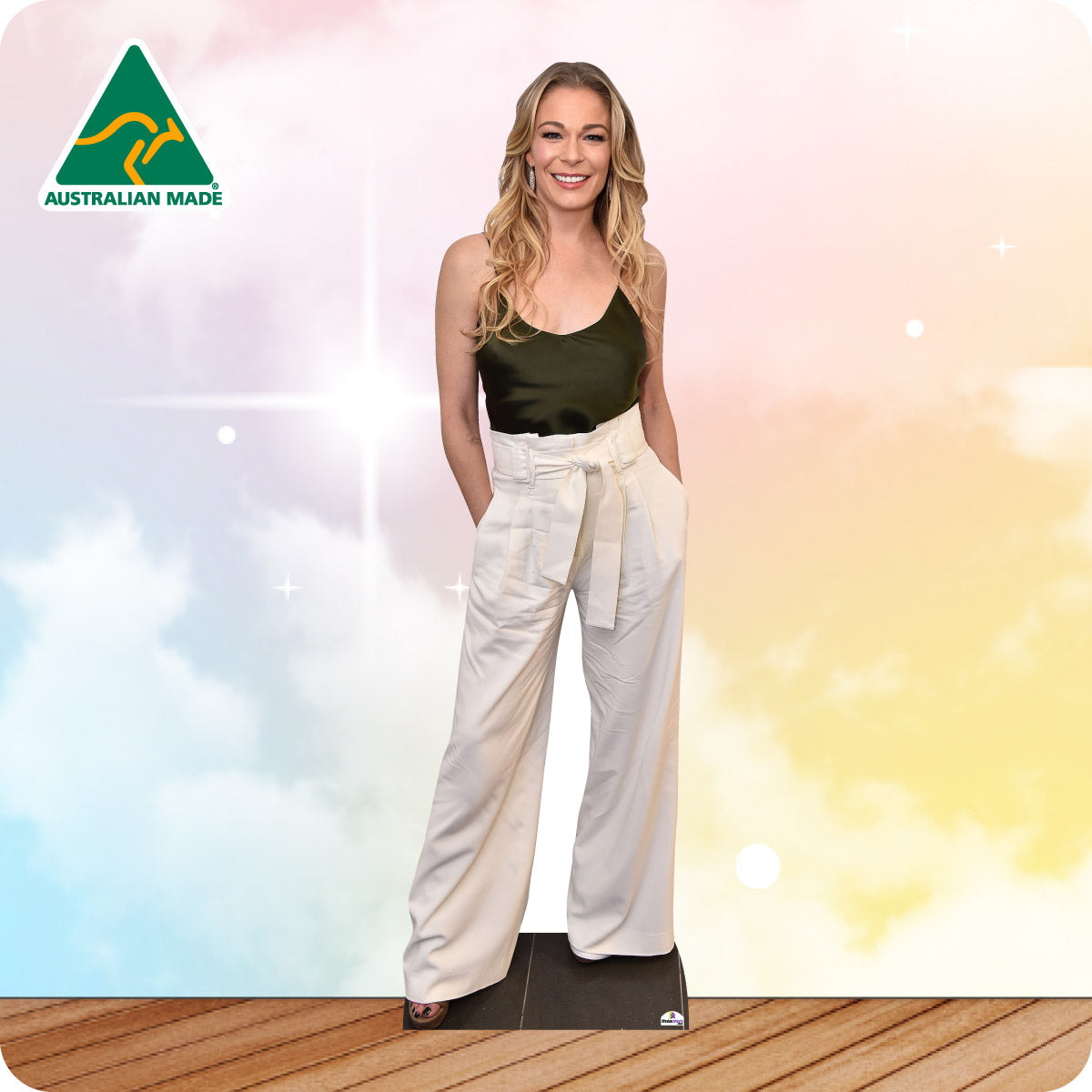 Cardboard cutout of a woman with 'Australian Made' logo on a colorful background