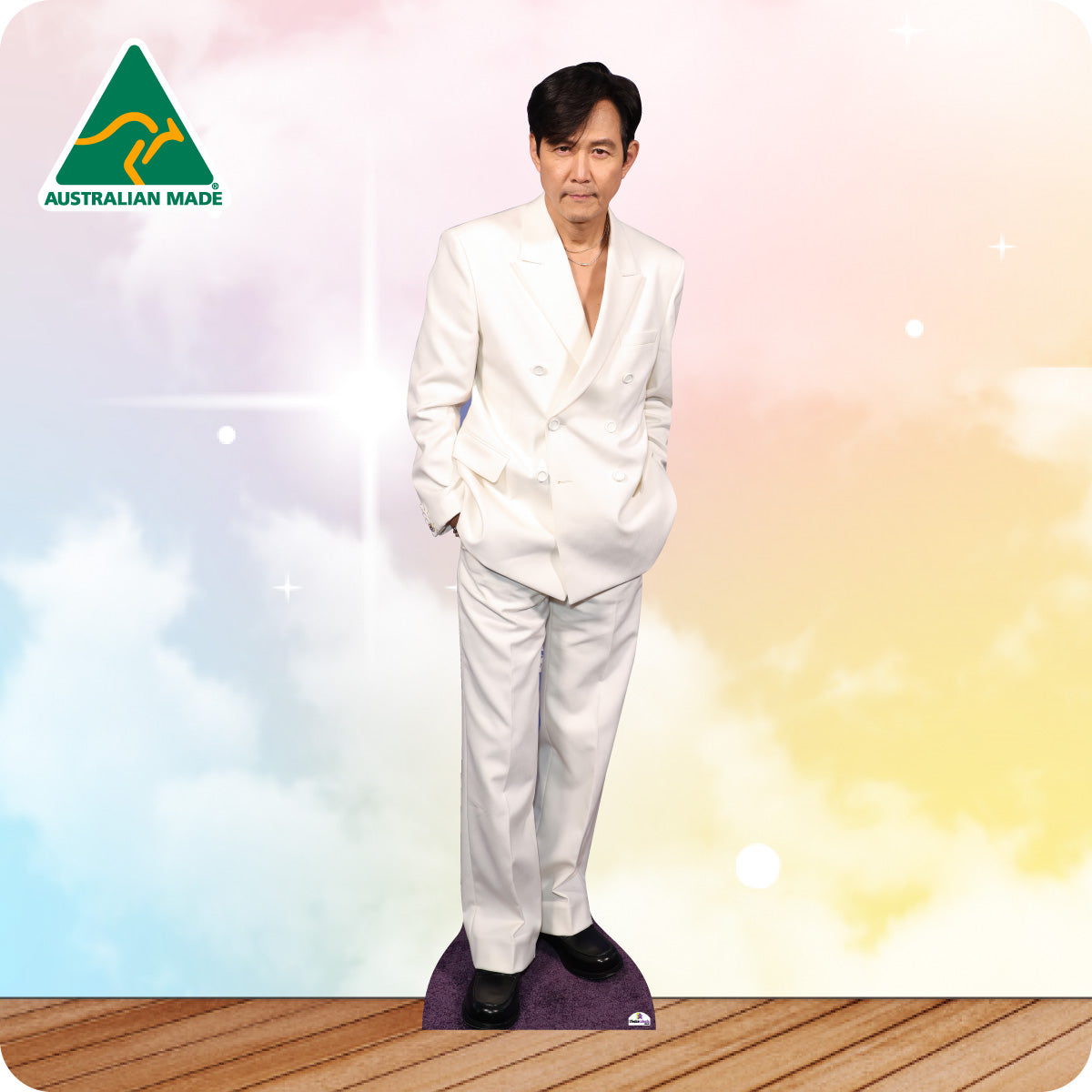 Cardboard cutout of a person in a white suit with 'Australian Made' logo in the corner.