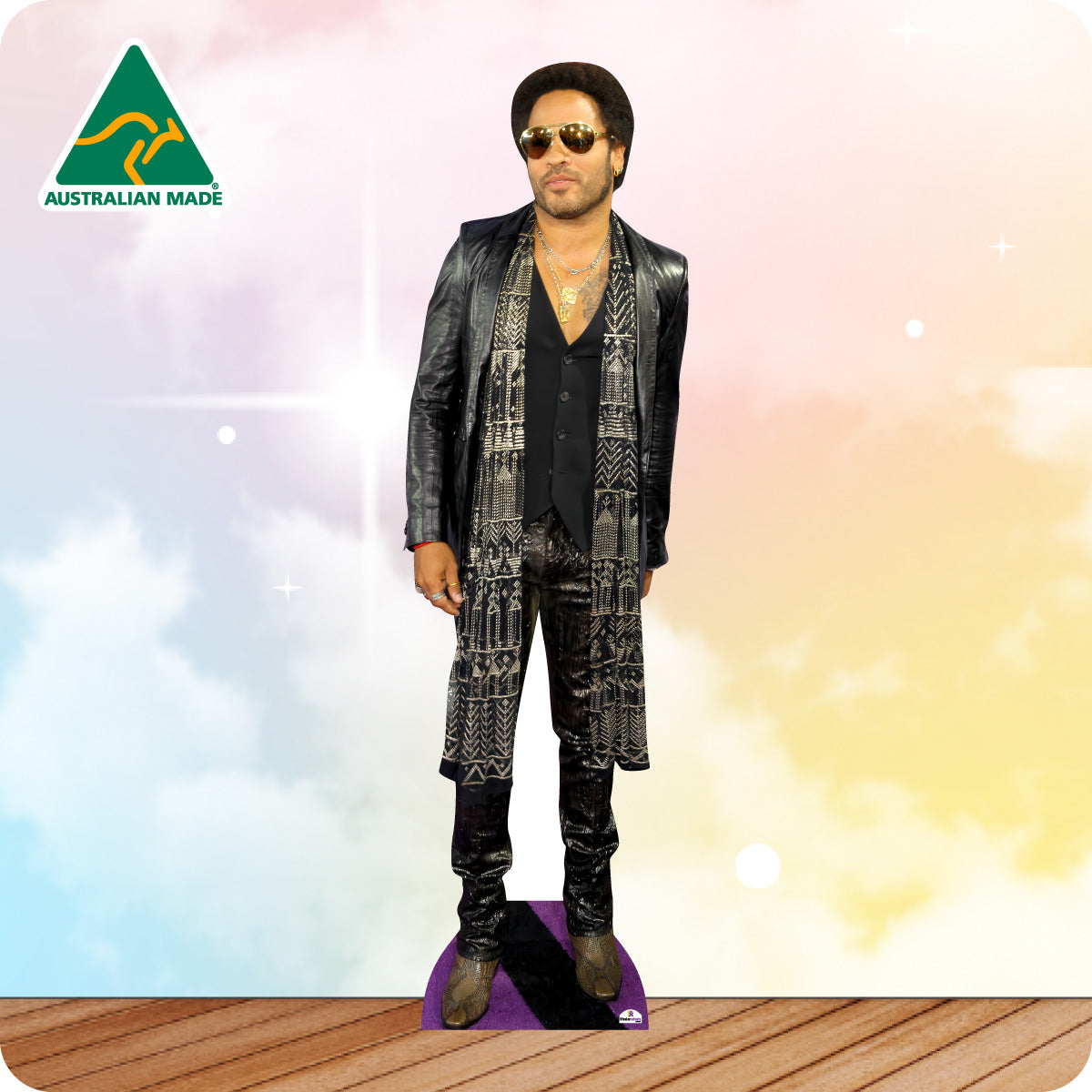 Cardboard cutout of a person in a stylish outfit with 'Australian Made' logo in the corner.