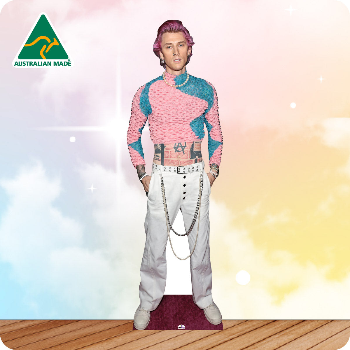 Cardboard cutout of a person wearing a colorful outfit with 'Australian Made' logo in the corner.