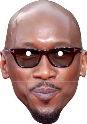 Cardboard face mask with a person's face printed on it, featuring sunglasses and a bald head.