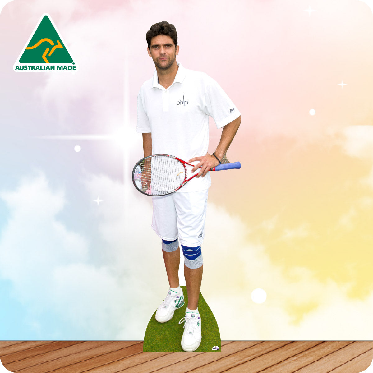 Cardboard cutout of a tennis player holding a racket with 'Australian Made' logo in the corner.