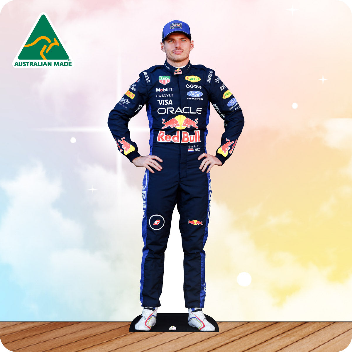 Person wearing a racing suit with sponsor logos on a colorful background