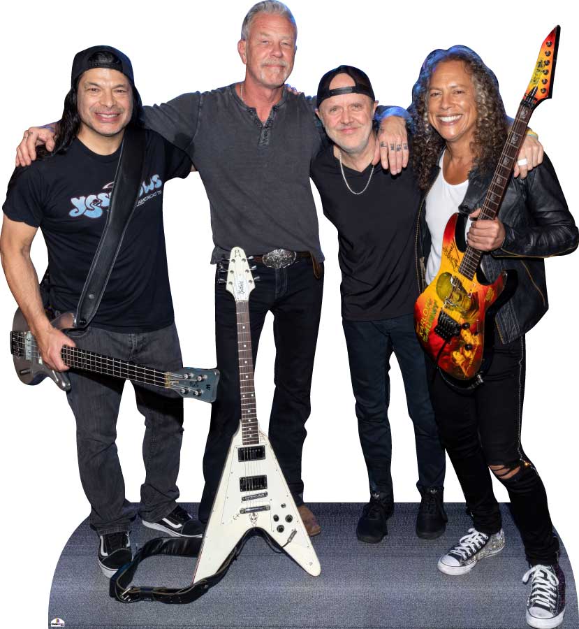 Cardboard cutout of a band with members holding guitars on a white background
