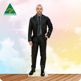 Cardboard cutout of a man in a black jacket with 'Australian Made' logo in the corner.