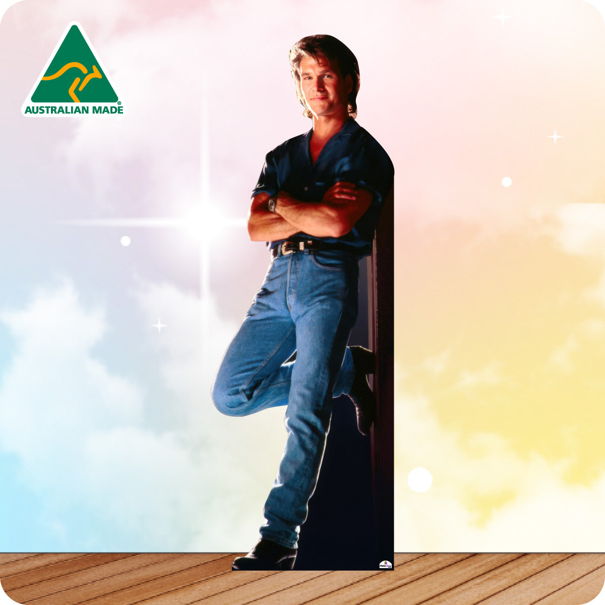 Cardboard cutout of a person leaning against a wall with 'Australian Made' logo.