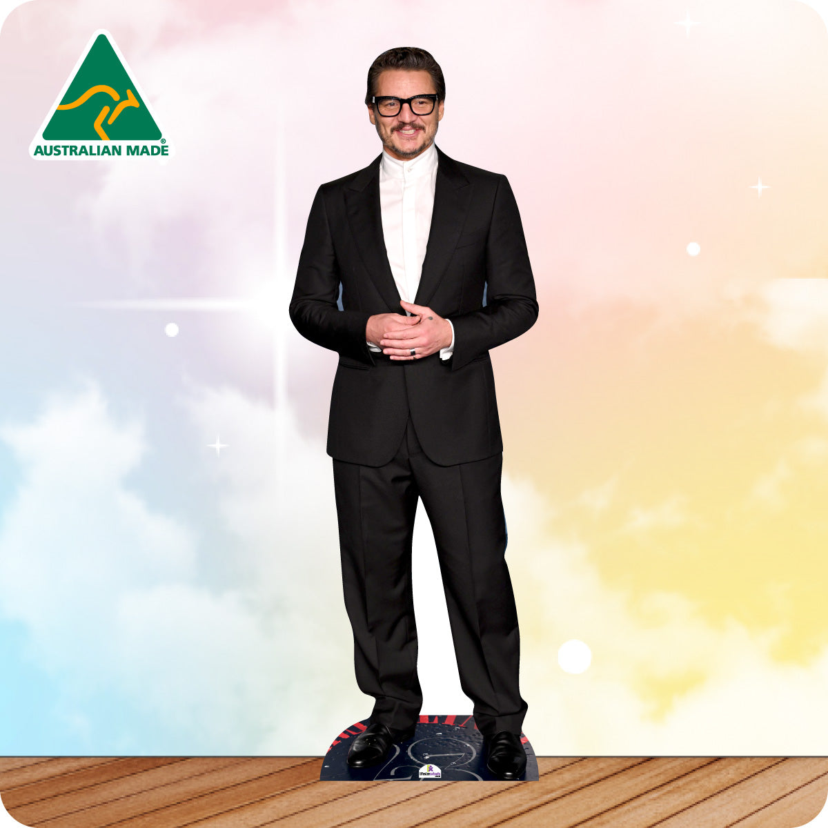 Cardboard standee of a man in a suit with 'Australian Made' logo on a colorful background