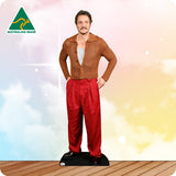 Man wearing a brown knit cardigan and red pants with 'Australian Made' logo in the corner.