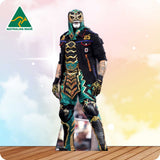 Person wearing a colorful costume with a blurred background and 'Australian Made' logo.