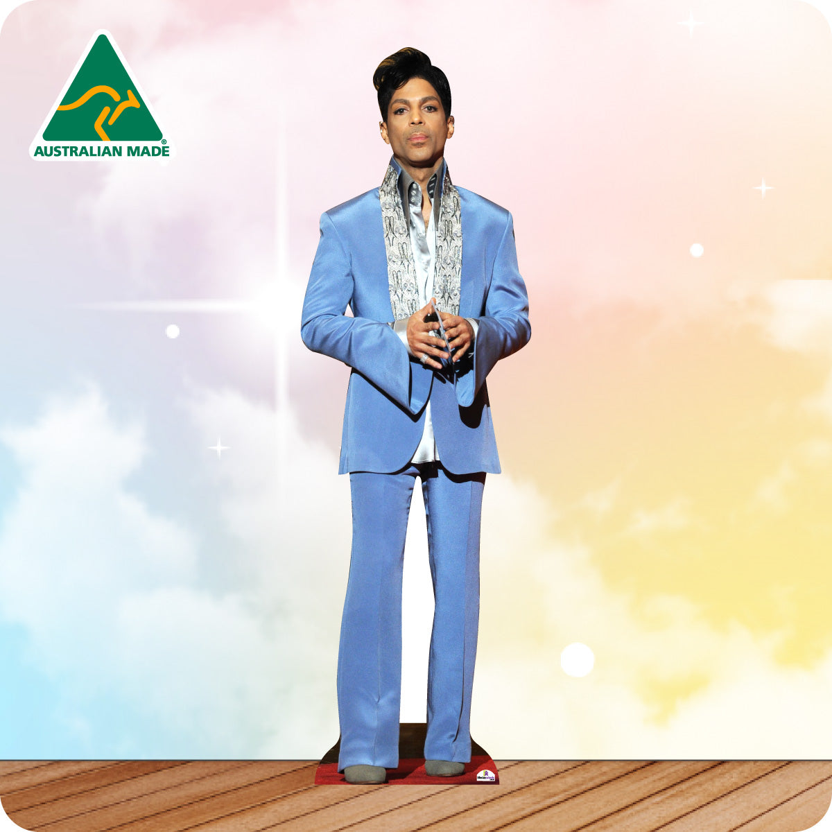 Cardboard cutout of a person in a blue suit with 'Australian Made' logo in the corner.